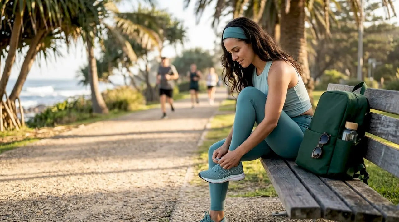 Woman lacing shoes in park wearing activewear accessories