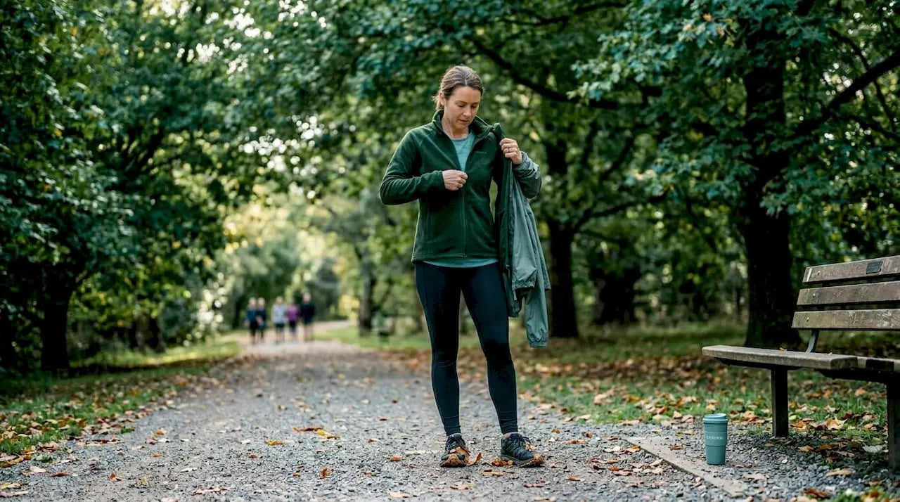 Woman layering activewear in chilly park