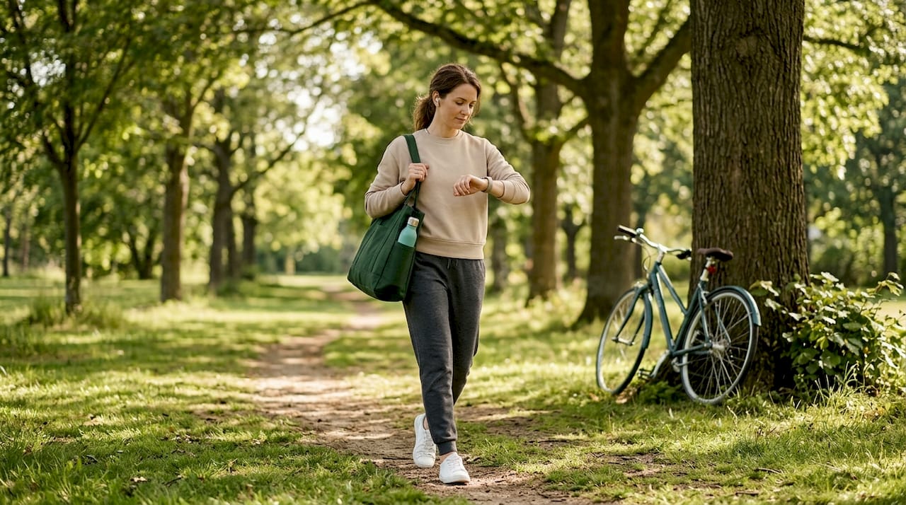Woman in athleisure walking city park morning