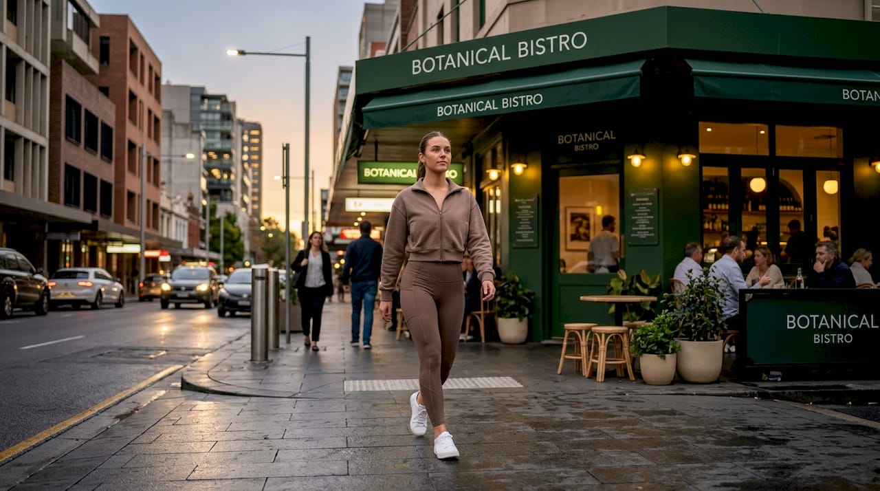 Woman walking in stylish activewear on city street