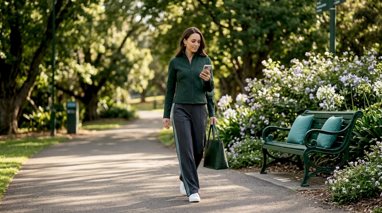 Woman in smart casual activewear on city street
