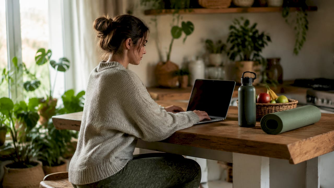 Woman browsing activewear brands on laptop at home